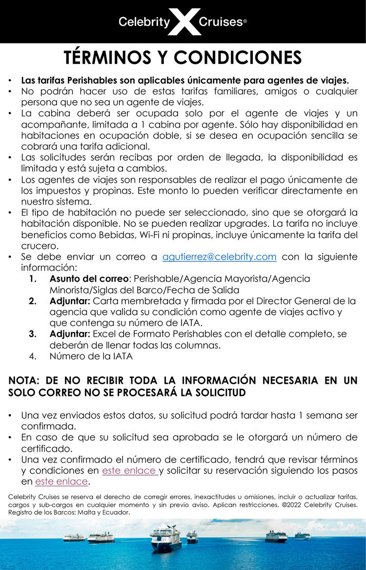 terminos y condiciones promoción agentes de viajes celebrity cruises