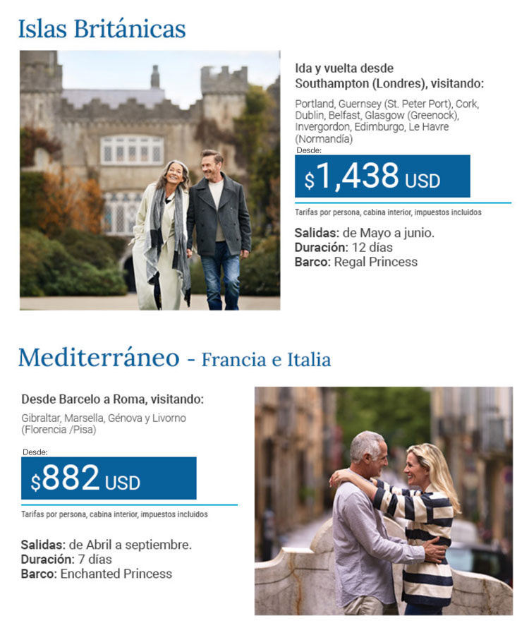 Itinerarios por europa princess cruises, con tarifas de los cruceros