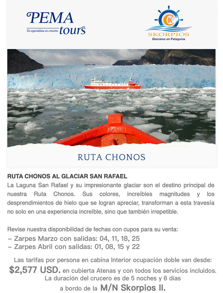 descripción ruta chonos de Skorpios, fechas, tarifa.