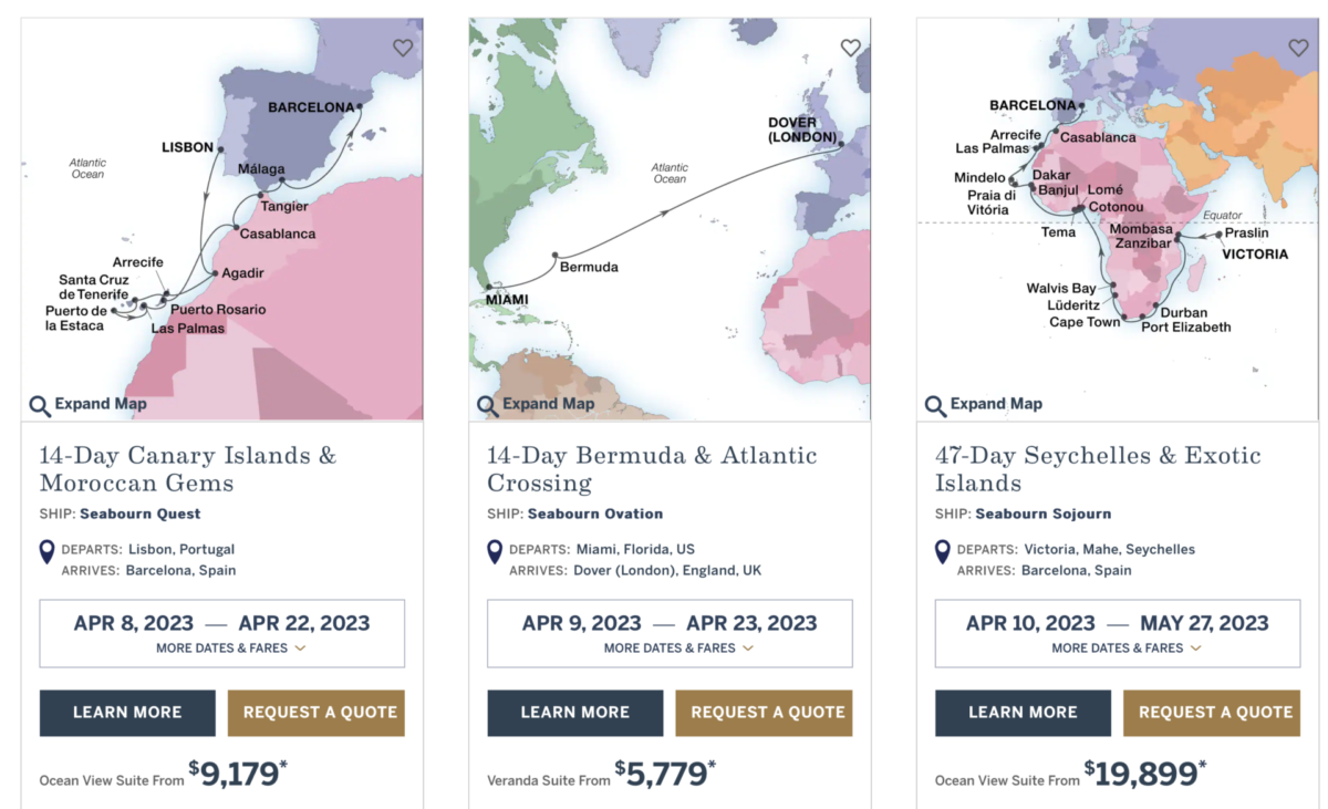 ejemplos de itinerarios participantes promocion The Sail Away Seabourn - Portugal - Miami - Seychelles