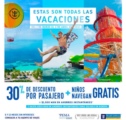 las mejores vacaciones con Royal Caribbean promoción del mes de marzo hombre brincando con vistas de la isla Perfect Day CocoCay