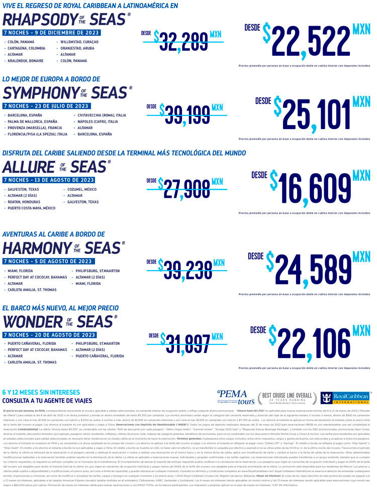 ejemplos de itinerarios en el symphony, allure, harmony, wonder of the seas de Royal Caribbean
