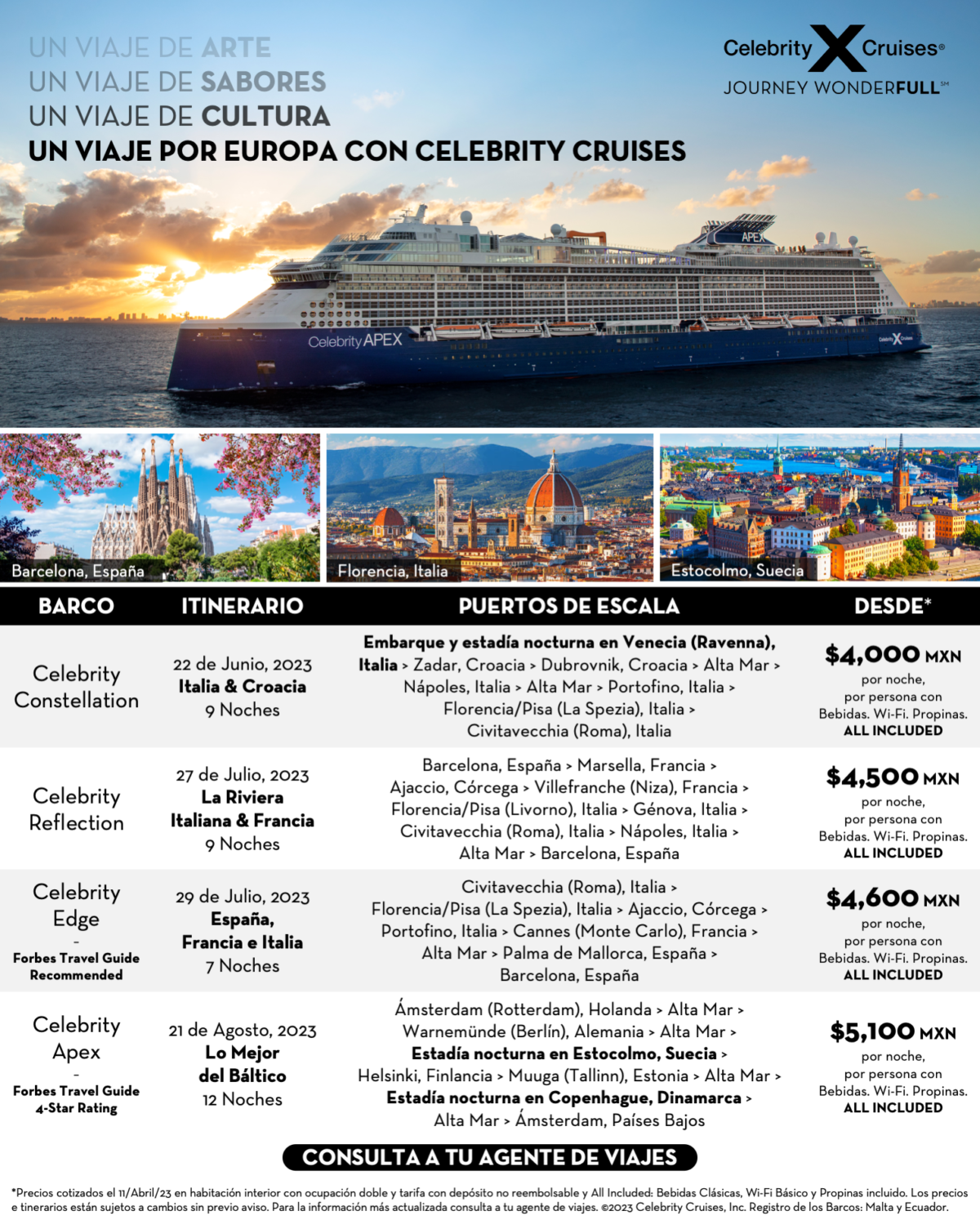 barco celebrity apex navegando por Europa itinerarios salidas atractivas