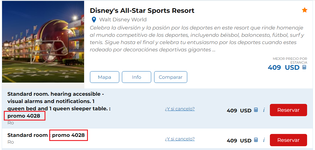 Ejemplo hotel con promocion descuento en alojamiento en disney