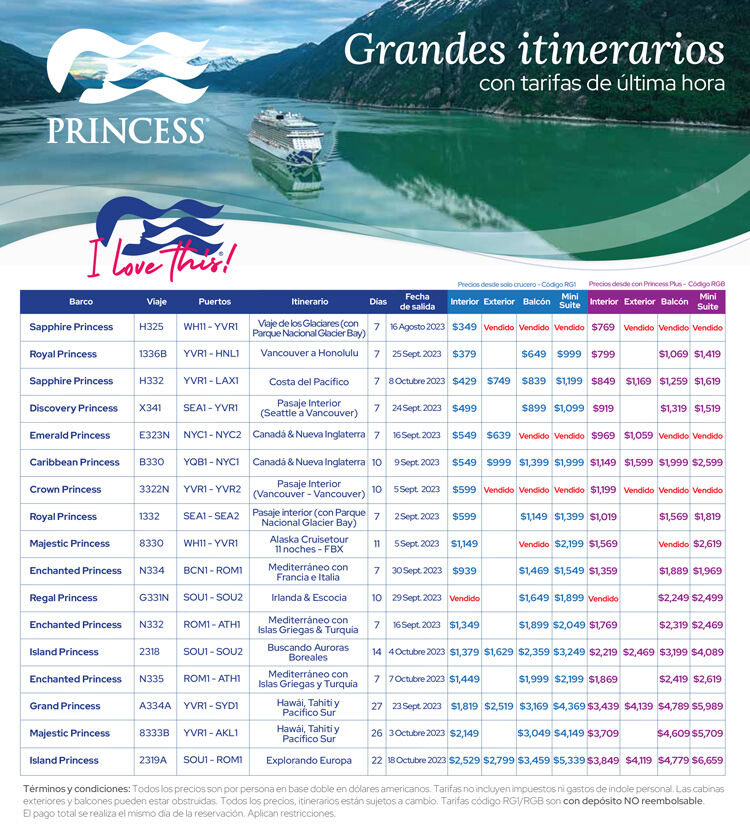 itinerarios con tarifas de última hora con princess cruises