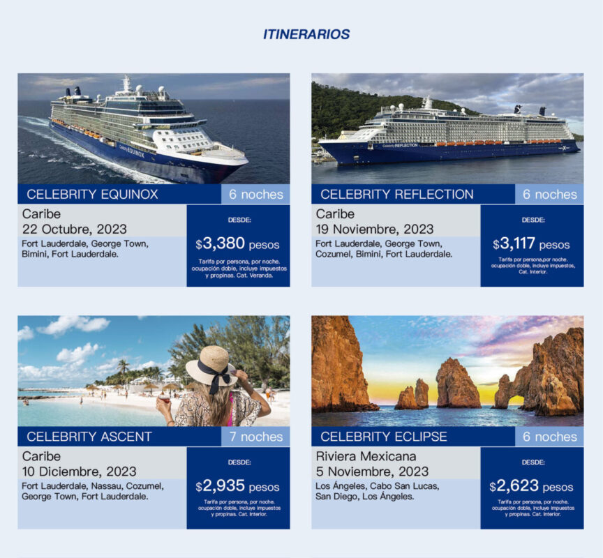 itinerarios celebrity cruises para Caribe, riviera Mexicana, Equinox, Reflection, Ascent, Eclipse