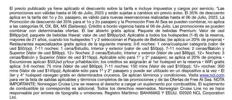 legales promocion oferta flash Norwegian CRuise Line