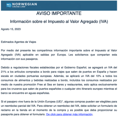 Aviso sobre cargo IVA saliendo de España con Norwegian Cruise Line