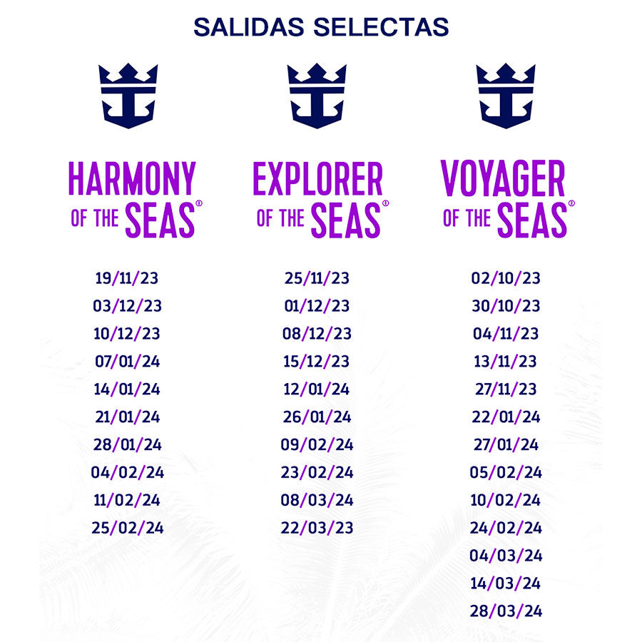 salidas selectas con 10% de descuento con Royal Caribbean a bordo de Harmony of the seas, explorer of the seas y voyager  of the seas