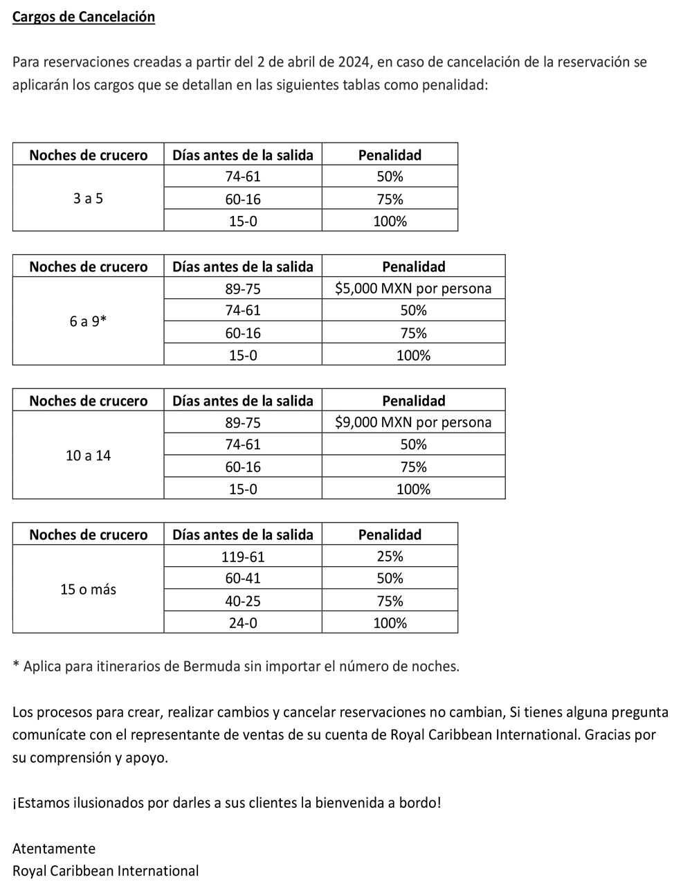 Nuevas políticas nuevas reservaciones con Royal Caribbean entrando en vigor el 2 de Abril 2024