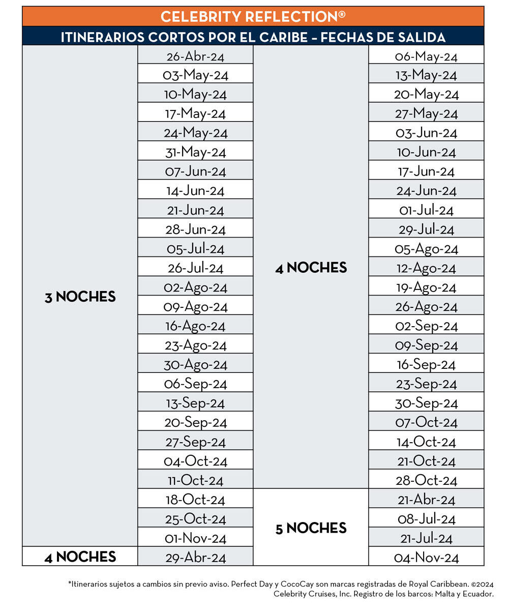 Fechas de las salidas de 3, 4 o 5 noches con Celebrity Reflection